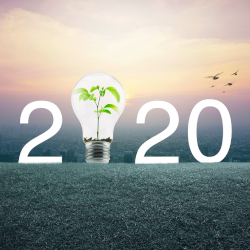 2020 with a light bulb and plant over a field of grass in front of a city scape