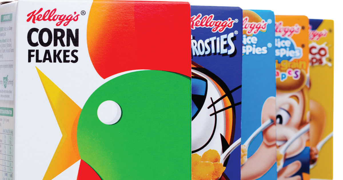 A row of Kellogg's cereal boxes.