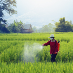 farmer in a field spraying pesticides or herbicides