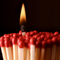 cluster of matches with a single match lit with a flame