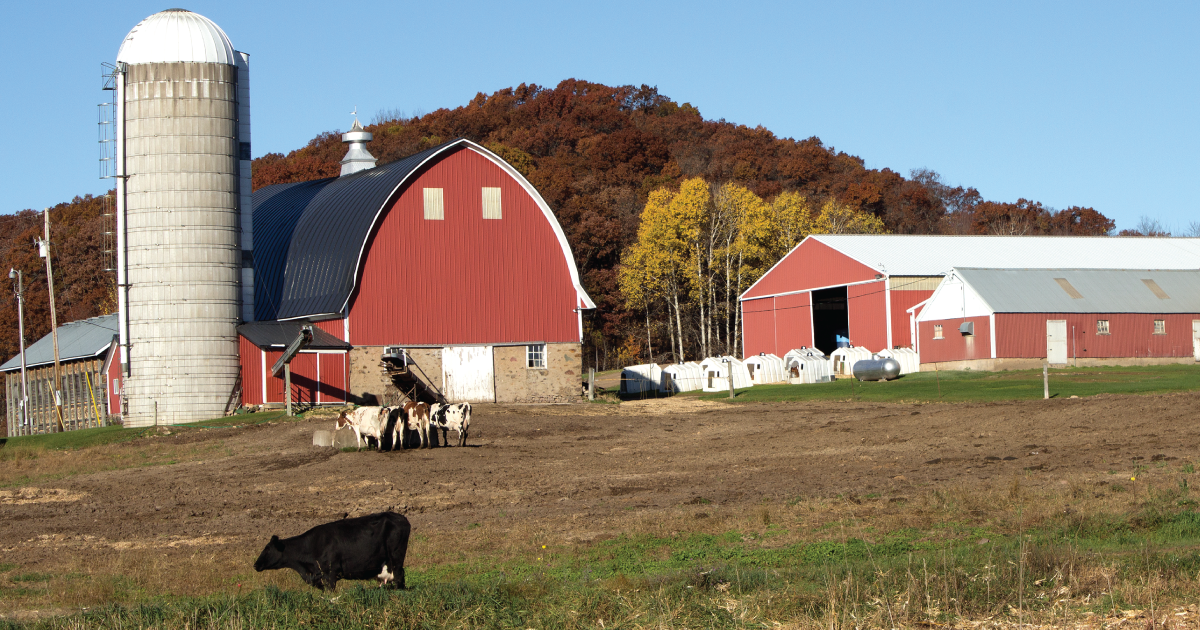 Farm with a red barn.