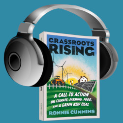 new book GRASSROOTS RISING by Ronnie Cummins with a pair of headphones