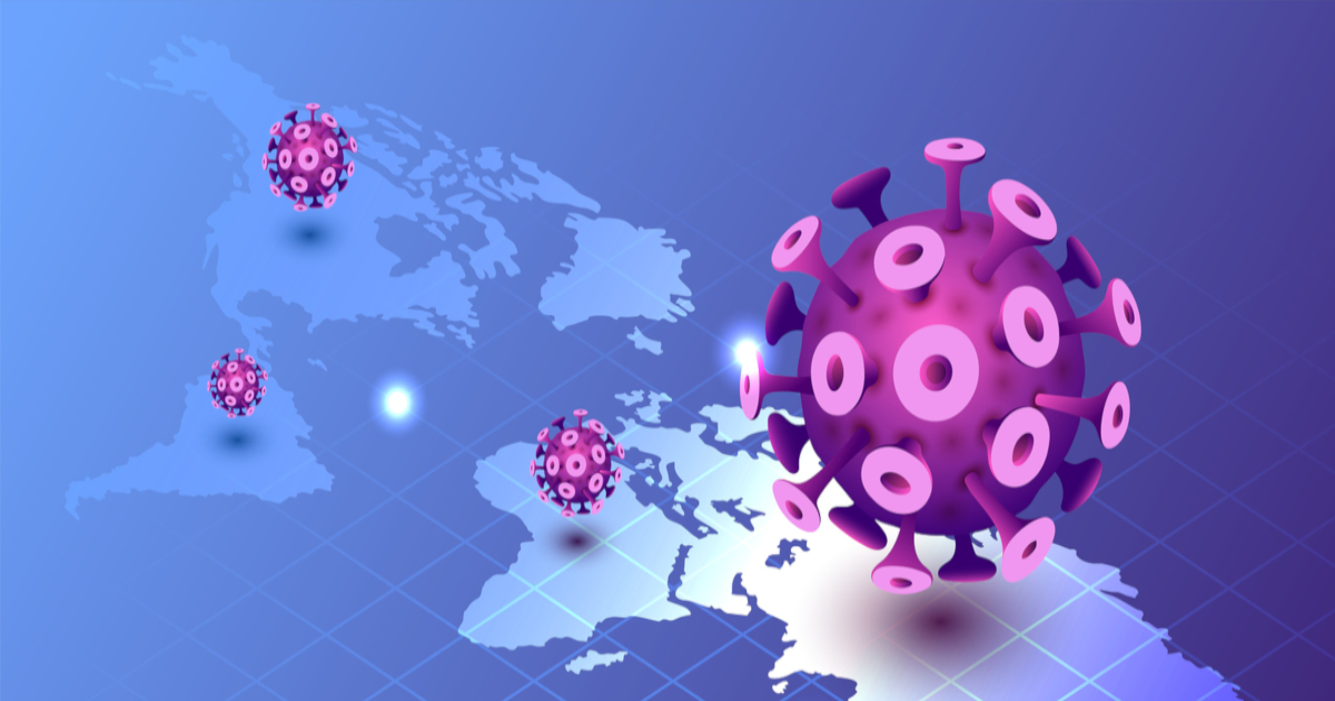 blue tinted map of the world covered in purple coronaviruses