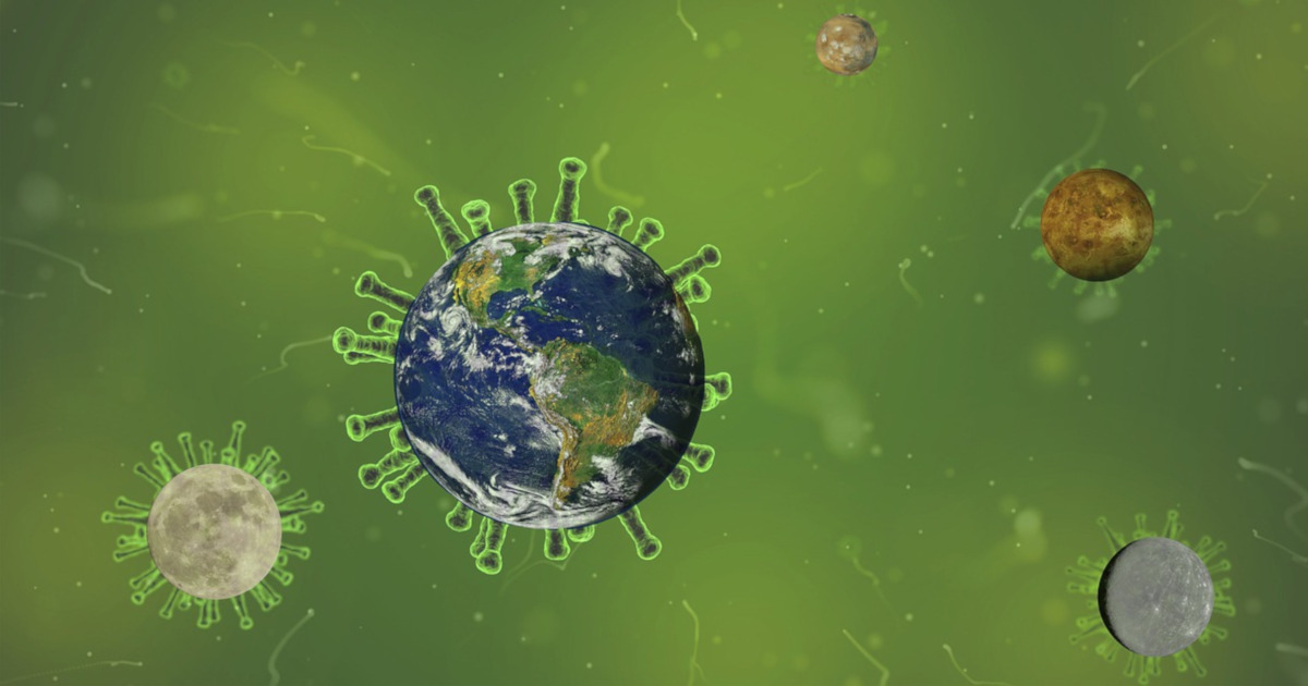 planets and Earth as viruses and bacteria floating through green space