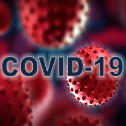 red renderings of corona virus cells with the word COVID19