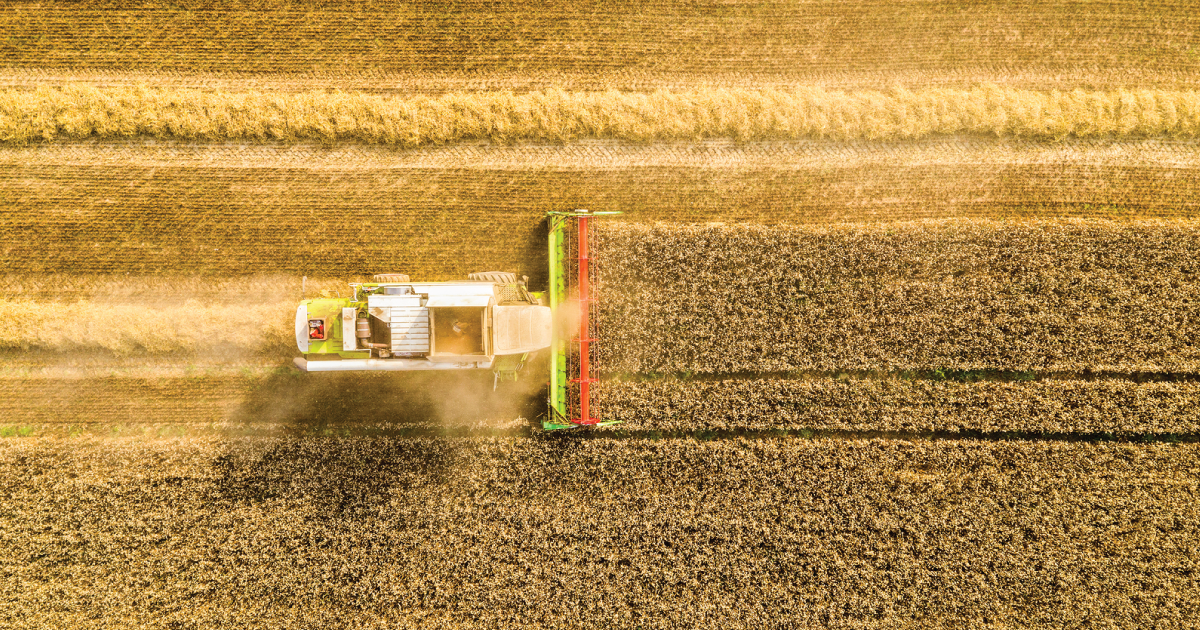 A picture of a tractor harvesting a crop field