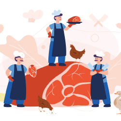 cartoon image of butchers cutting meat with chickens