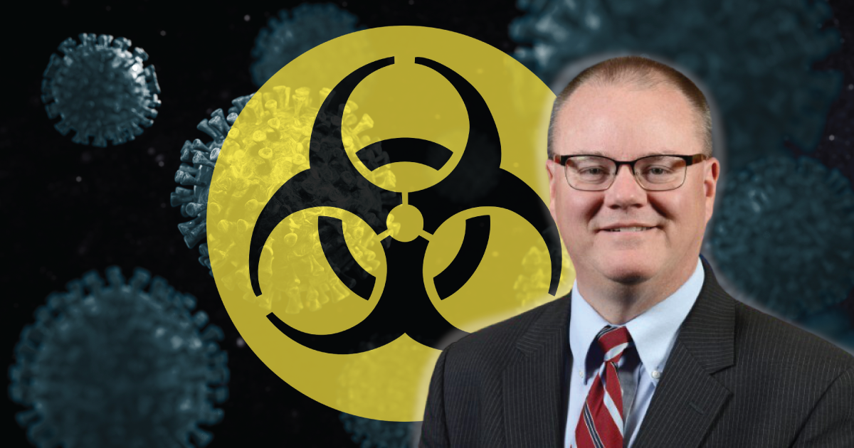 Photo of Dr. Christian Hassell over a virus background and image of biowarfare symbol