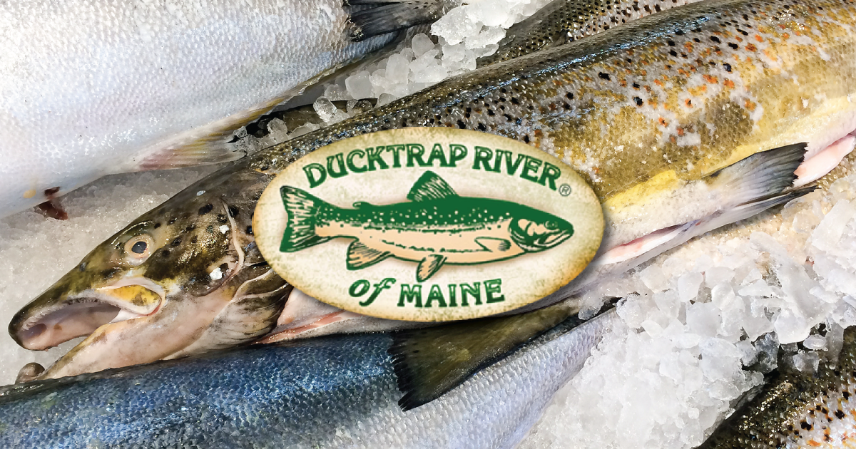 Ducktrap of Maine logo over a photo of salmon