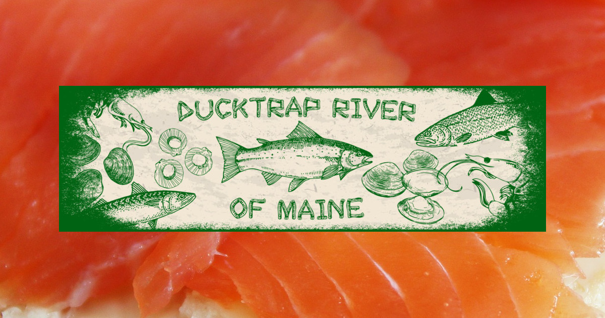 Ducktrap River of Maine logo in front of smoked salmon