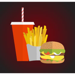 Burger fries and soda cartoon on reddish background