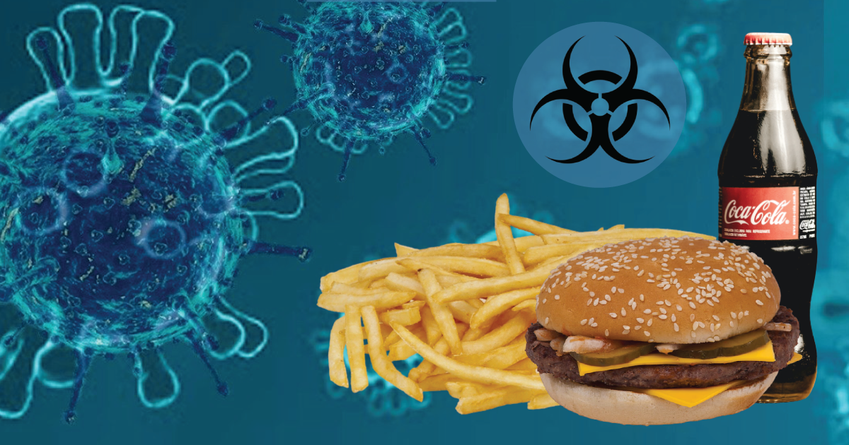 A photograph of a blue background with viruses on top, a biohazard sign in the upper right corner and a cheeseburger, fries and coca-cola on the bottom right