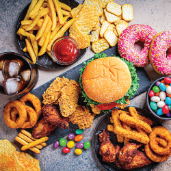 A display of various junk food items