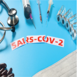 SARS-CoV-2 surrounded by a stethoscope and syringes