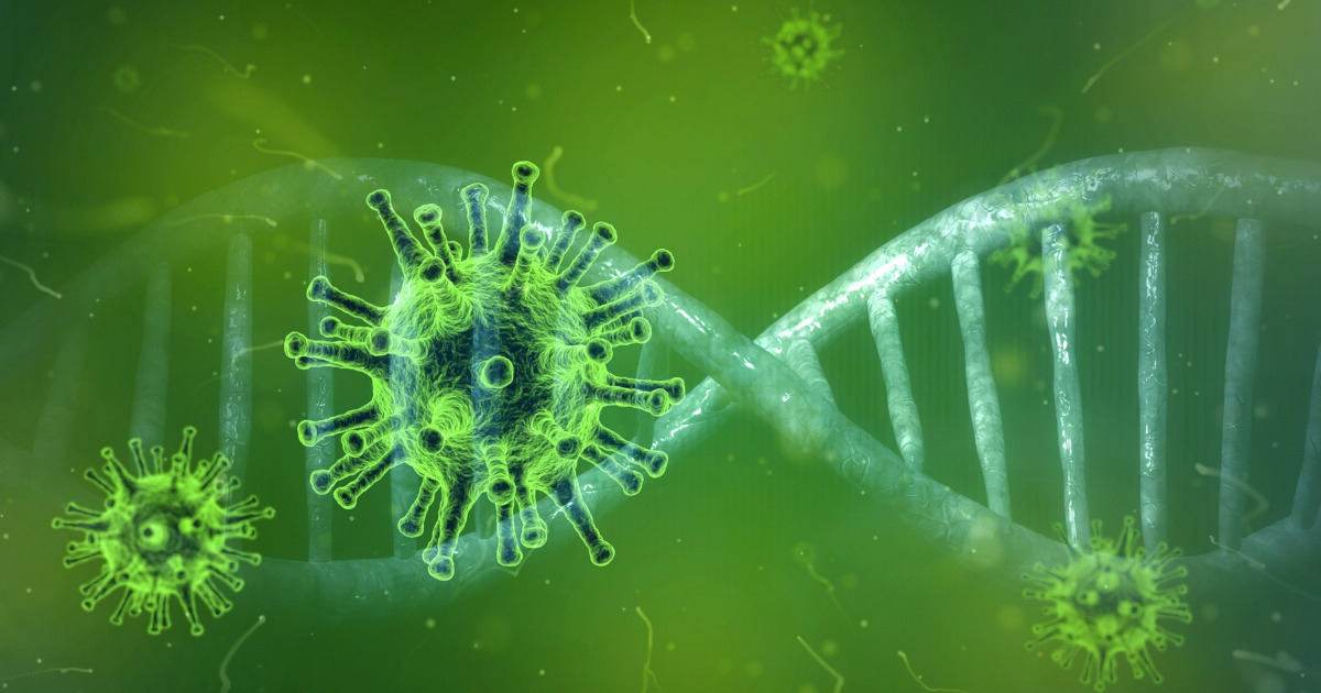 Coronavirus with DNA on green background