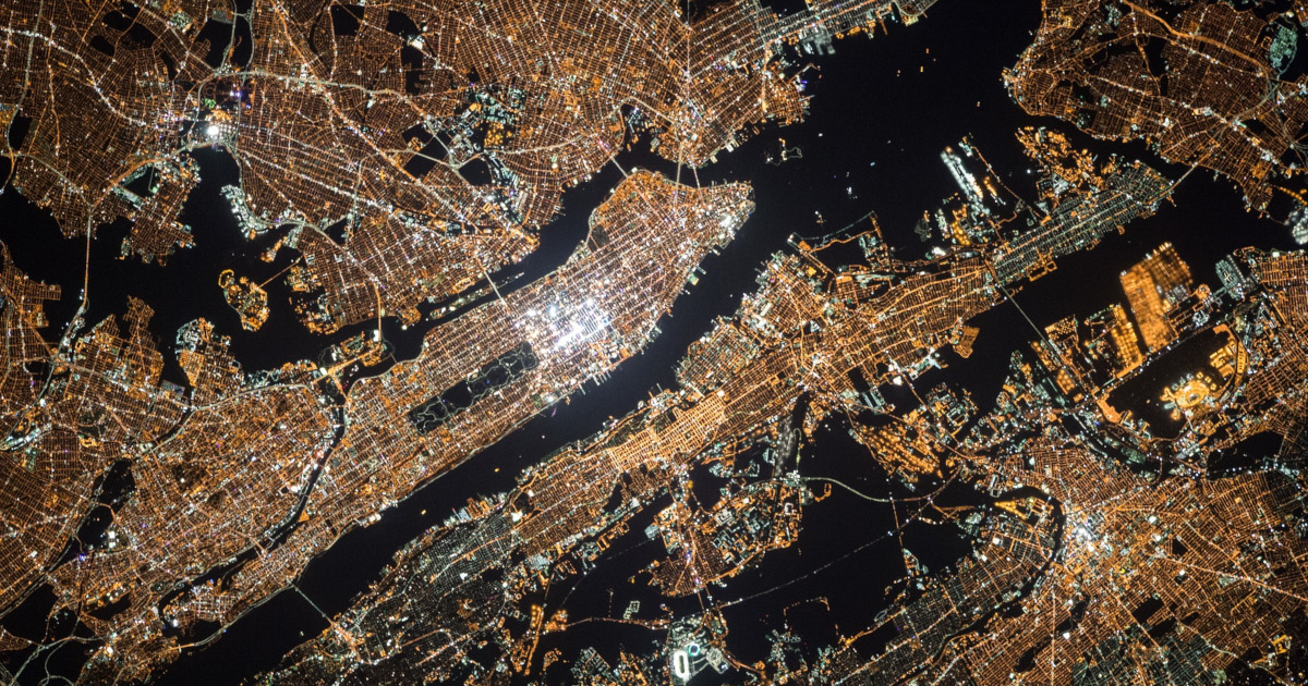 Aerial view of NYC at night