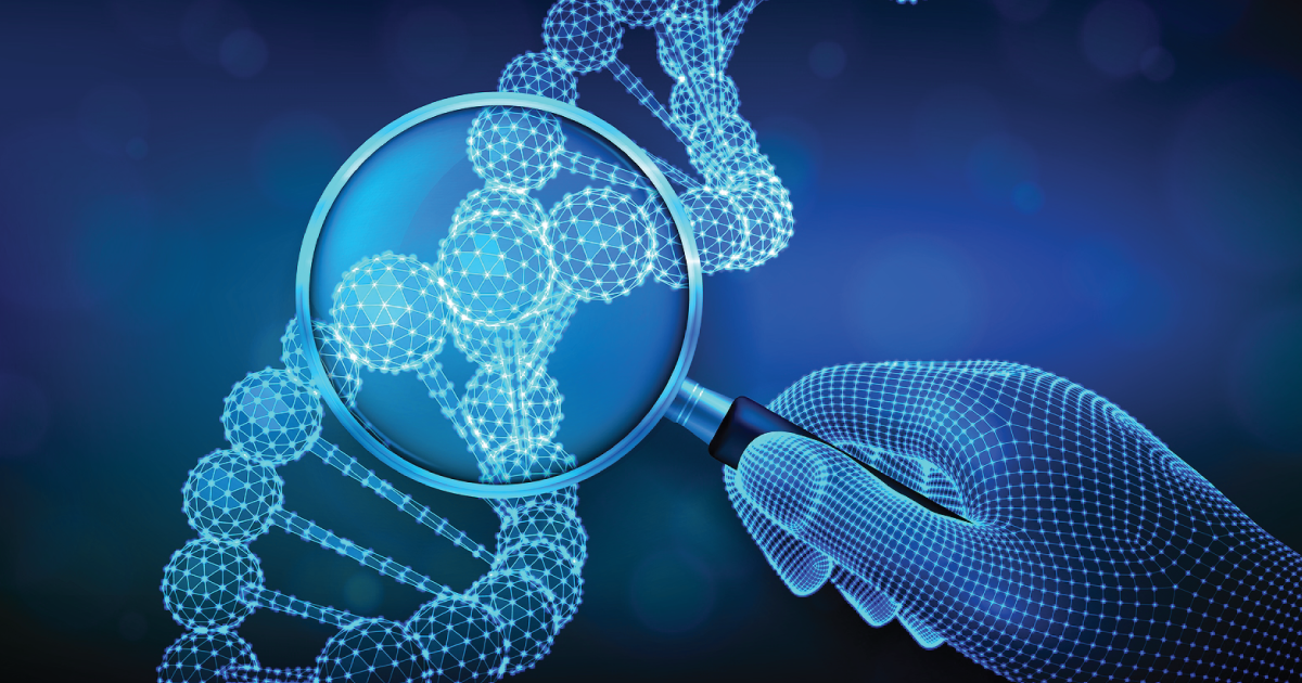 A genetic sequence being looked at with a magnifying glass