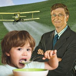 Bill Gates in a farm field with an aerial pesticide sprayer with a small child eating cereal
