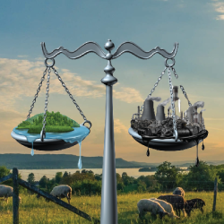 scales of pollution and clean environment against a backdrop of sheep grazing in a field