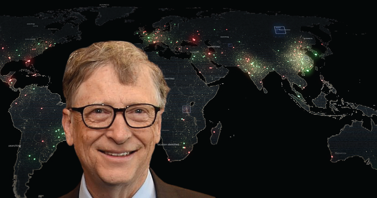 Bill Gates in front of a map of the world.