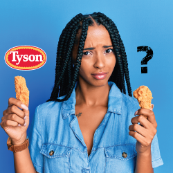 woman holding chicken products under the Tyson logo with a quizzical expression