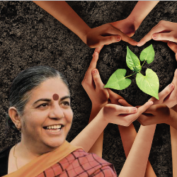 Dr Vandana Shiva near a seedling plant surrounded by hands