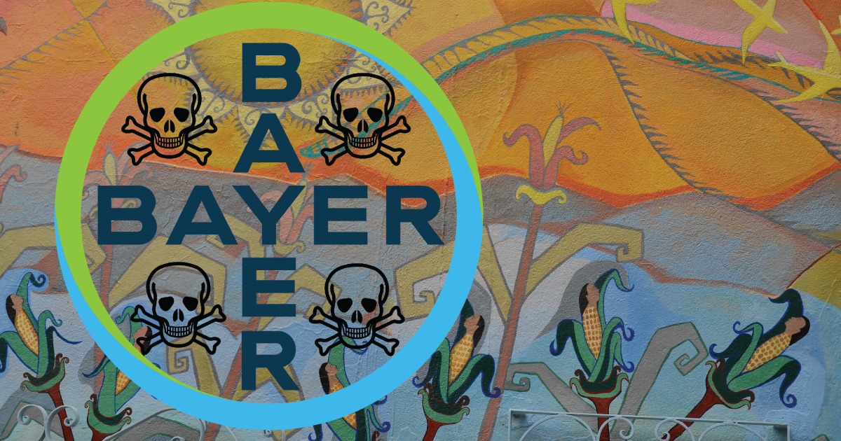 Bayer logo over a mural with skull and cross-bones.