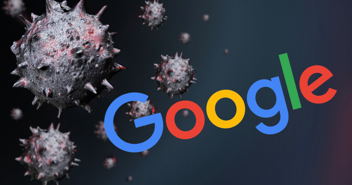 google logo surrounded by black and red renderings of coronavirus cells