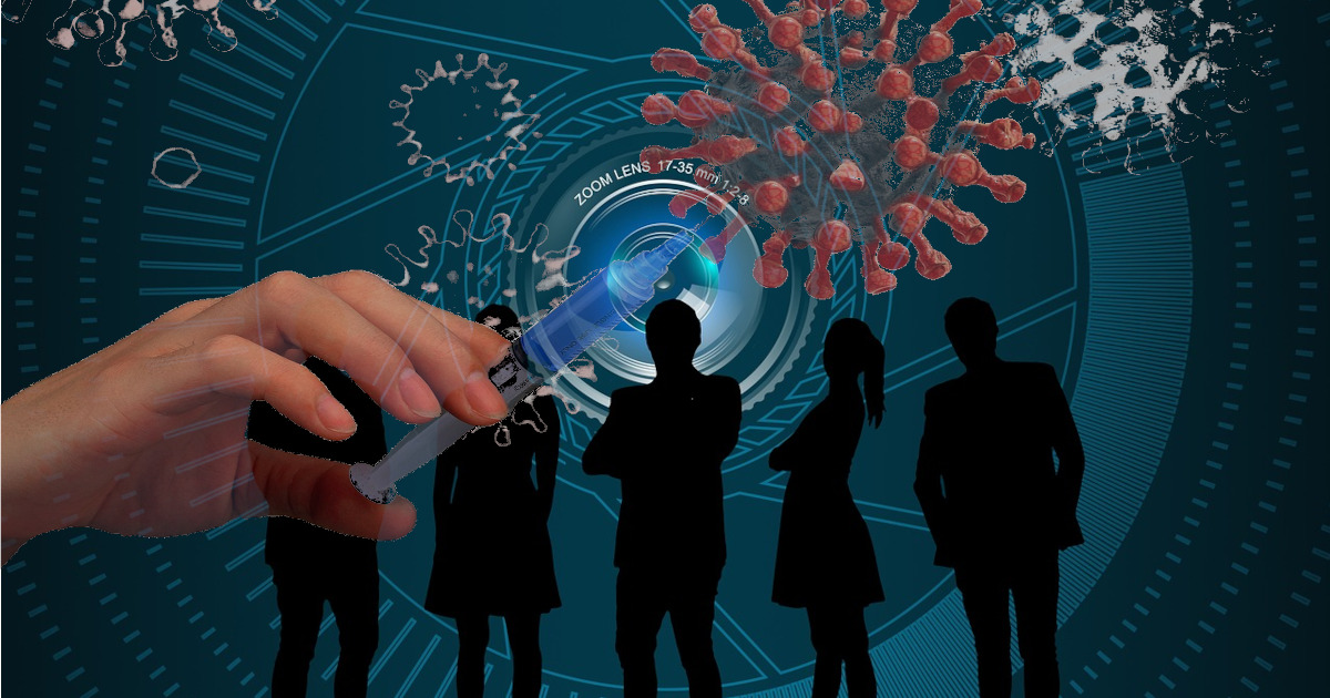 silhouette of five people in front of a camera lens with an overlay of a syringe going into a coronavirus