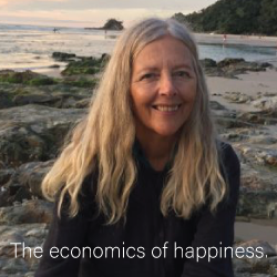 portrait of Helena Norberg-Hodge against a beach shore with the text THE ECONOMICS OF HAPPINESS